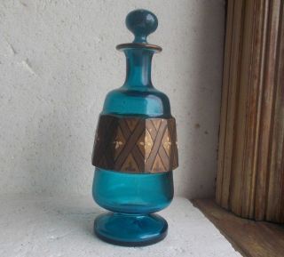 1880s Teal Blue Pontiled Cologne Bottle With Stopper Gold Panels