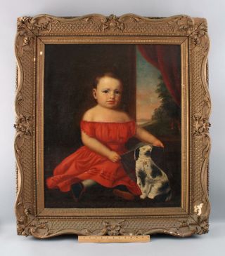 19thc Antique American Folk Art Portrait Oil Painting,  Girl & Staffordshire Dog