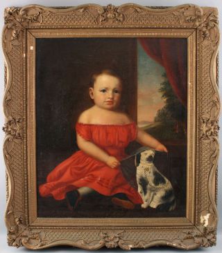 19thC Antique American Folk Art Portrait Oil Painting,  Girl & Staffordshire Dog 2
