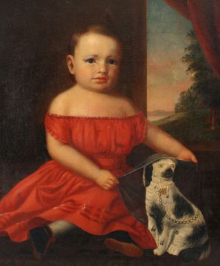 19thC Antique American Folk Art Portrait Oil Painting,  Girl & Staffordshire Dog 3