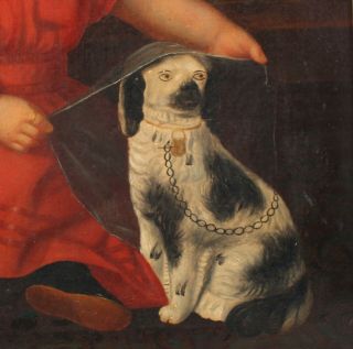 19thC Antique American Folk Art Portrait Oil Painting,  Girl & Staffordshire Dog 5