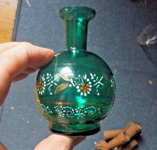 Teal Green 1889 Hand Painted Flowers Cologne Bottle 4 1/4 " Tall