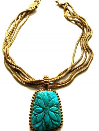 Stephen Dweck Carved Turquoise Pendant On Golden 5 Chain Signed Necklace Vtg.