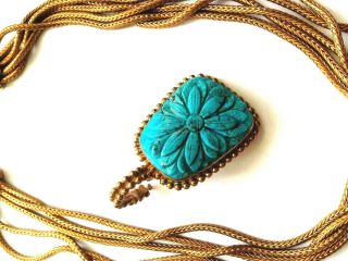 STEPHEN DWECK CARVED TURQUOISE PENDANT ON GOLDEN 5 CHAIN Signed NECKLACE VTG. 3