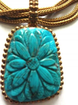 STEPHEN DWECK CARVED TURQUOISE PENDANT ON GOLDEN 5 CHAIN Signed NECKLACE VTG. 4