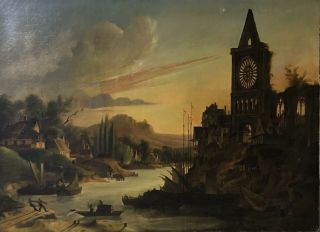 Very Large 19th Century French Oil - Romantic River Sunset Over Ancient Town