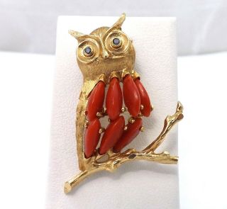 Vintage 14k Gold Red Sea Coral Owl Brooch Pin Sapphire Eyes 7.  5 Grams