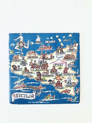 Rare Vintage Handmade Ceramic Tile Map Of Sicilia,  Italy 6”w