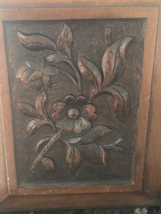 Antique Carved Wooden Panel Plaque Victorian Floral Flowers 12” x 9” Solid Wood 3