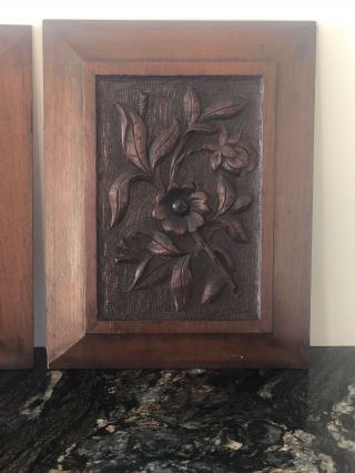 Antique Carved Wooden Panel Plaque Victorian Floral Flowers 12” x 9” Solid Wood 5