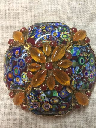 Vintage Schreiner York Art Glass Brooch Huge 3” Millifori High Domed Beautif