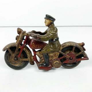 Vintage Cast Iron Patrol Motorcycle Toy 6  Rider Red Gold