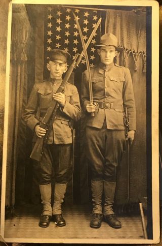 Ww1 Real Photo Postcard Us Army Soldiers Rifle Bayonet Sword Interlocking Belt