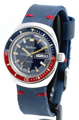 • MontBlanc Vintage Mechanical 1970 Pepsi Bakelite Rare Divers Day Date Watch • 2