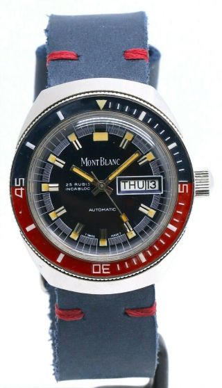 • MontBlanc Vintage Mechanical 1970 Pepsi Bakelite Rare Divers Day Date Watch • 3