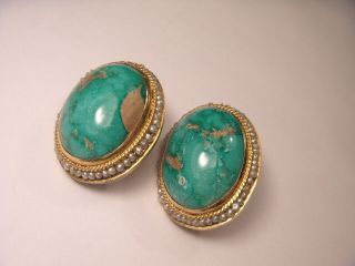 Magnificent Antique Victorian 14k Yellow Gold Turquoise Seed Pearl Earrings