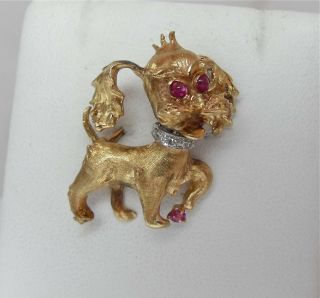 Vintage Solid 14k Gold Ruby Diamond Fancy Dog Brooch Pin 7.  0gr