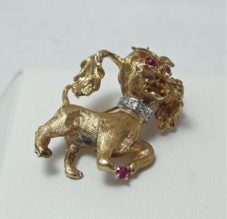 VINTAGE SOLID 14K GOLD RUBY DIAMOND FANCY DOG BROOCH PIN 7.  0gr 4