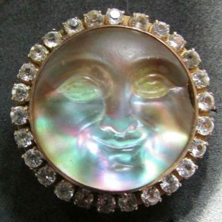 Antique Large Rainbow Iridescent Mop Glass Man In The Moon Brooch Like Saphiret