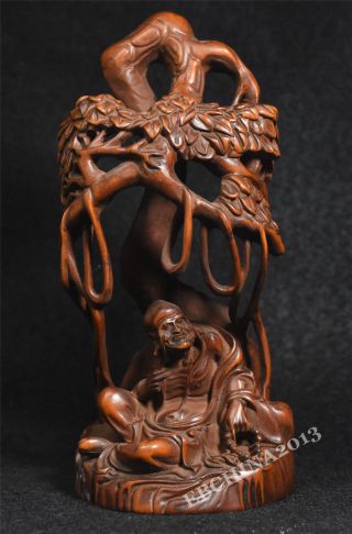 6 " Collect China Art Boxwood Wood Handcarved Tree Rohan Buddha Sculpture