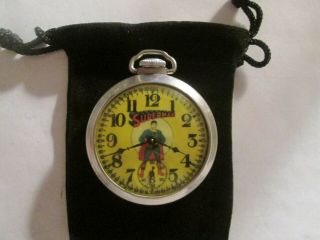 Vintage 16s Ingraham Pocket Watch Superman Theme Dial & Case Runs Well.