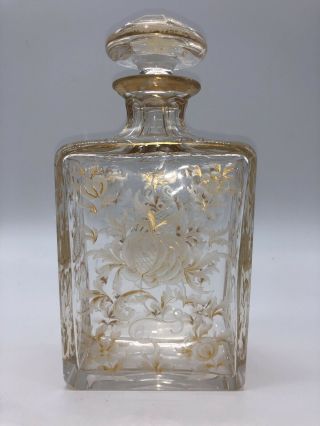 Antique 19th Century 9” Floral Engraved Blown Glass Square Decanter Gold Gilt