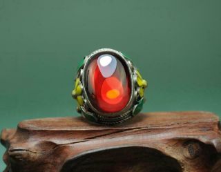 China Old Antique Hand - Made Tibetan Silver Inlay Cloisonn & Red Zircon Ring A02