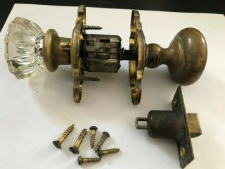 Antique Brass & Glass Door Knob Plates With Lock Complete Set Of Hardware
