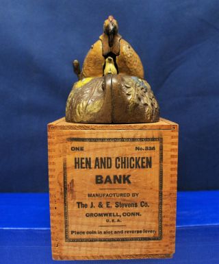 Antique Cast Iron Mechanical Bank – J.  & E.  Stevens – “Hen and Chicken Bank” 12