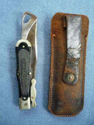 Antique 1903 MSA MARBLE Knife Co.  SAFETY FOLDER w LEATHER SHEATH 9