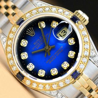 Rolex Ladies Datejust Two Tone 18k Yellow Gold Sapphire Diamond & Steel Watch