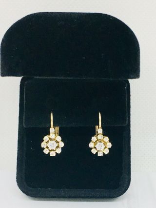 14 Karat Yellow Gold Vintage Diamond Dangling Earrings Halo Style 2