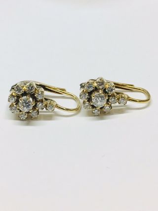 14 Karat Yellow Gold Vintage Diamond Dangling Earrings Halo Style 4