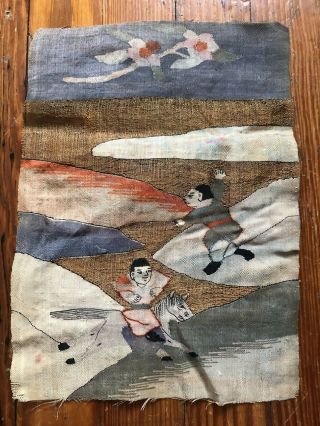 Antique Chinese Hand Embroidered Gold Thread Silk Figural Tapestry Textile