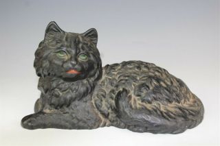 Antique Painted Cast Iron Black Cat W Green Eyes Metal Sculpture Doorstop Nr Sbm