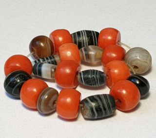 21 Ancient Rare Suleimani Agate And Antique Natural Red Coral Disc Beads