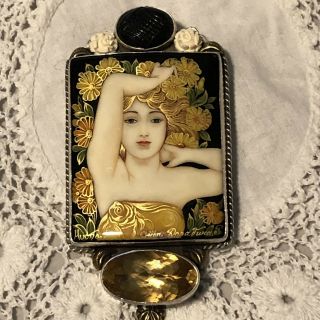 Amy Kahn Russell Akr Hand Painted Lady Black Onyx Topaz Sterling Pin Pendant