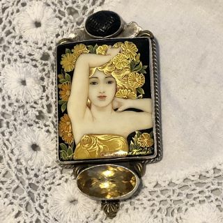 AMY KAHN RUSSELL AKR Hand Painted Lady Black Onyx Topaz Sterling Pin Pendant 2