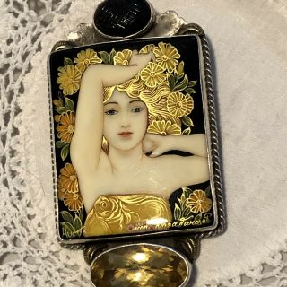 AMY KAHN RUSSELL AKR Hand Painted Lady Black Onyx Topaz Sterling Pin Pendant 4