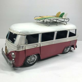 Volkswagen Vw Style Bus Van Tin Metal Surfboard Home Decor Model White Red 12 "