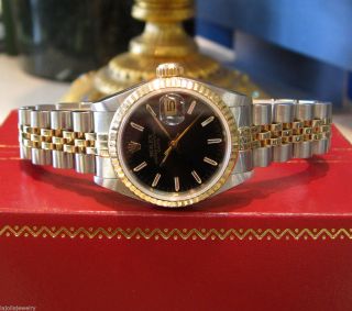 Ladies Rolex Oyster Perpetual Date Black Face Two - Tone Yellow Gold And Steel