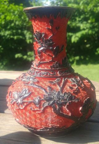 Antique Chinese Cinnabar Red & Black Two - Tone Bud Vase Bonsia Tree With Birds