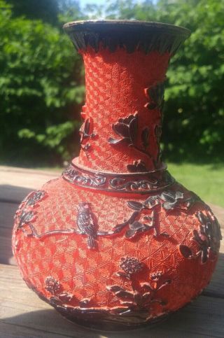 Antique Chinese Cinnabar Red & Black Two - Tone Bud Vase Bonsia Tree With Birds 2