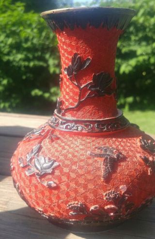 Antique Chinese Cinnabar Red & Black Two - Tone Bud Vase Bonsia Tree With Birds 3