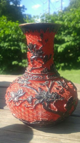 Antique Chinese Cinnabar Red & Black Two - Tone Bud Vase Bonsia Tree With Birds 6