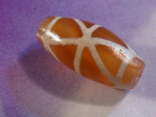 Ancient Agate Carnelian Bead Etched Triple Vajra Design Kushan Pyu 12.  8 By 6 Mm