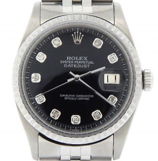 Rolex Datejust Mens Ss Stainless Steel Jubilee Black Diamond Dial Watch 1603