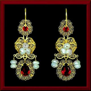 Mexican Long Gold Filigree & Pearl El Jardin Dangle Earrings,  Red Crystals M - F