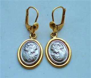 Vintage Solid Platinum Pt 950 18k Yellow Gold Cameo Dangle Leverback Earrings