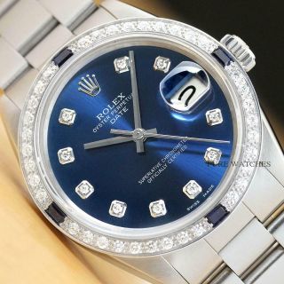 Rolex Mens 34mm Oyster Perpetual Date 18k White Gold Diamond Sapphire Watch